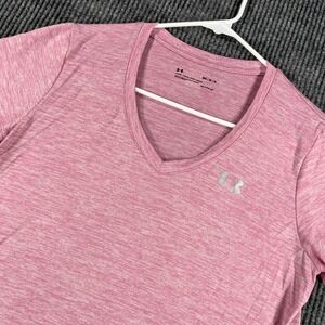 Under Armour Shirt Womens Medium Pink Short Sleeve V Neck HeatGear‎ Active Gym